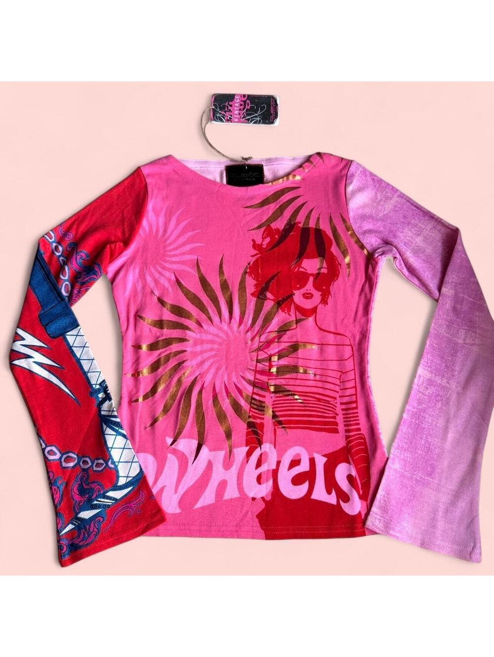 NWT Rare Deadstock Y2K Custo Barcelona Hot Wheels pink and red graphic top